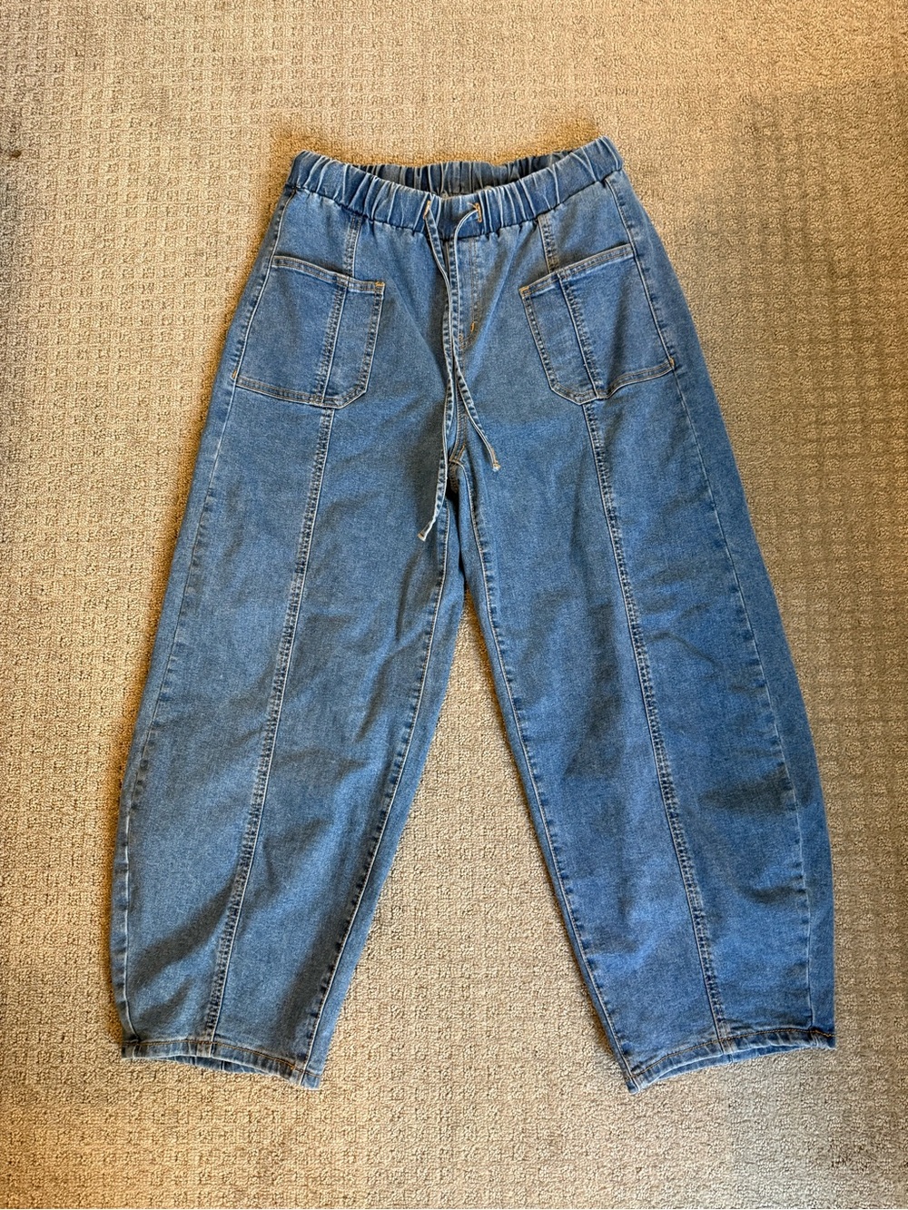 High-Rise Barrel Denim Jeans in Blue with Drawstring Waist